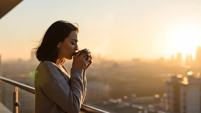 Relaxed Woman Enjoying Steaming Coffee on Modern Balcony at Dawn