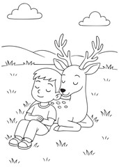 coloring book Boy Sleeping On Deer Shoulder – A kid sleeps comfortably resting on his deer friend.