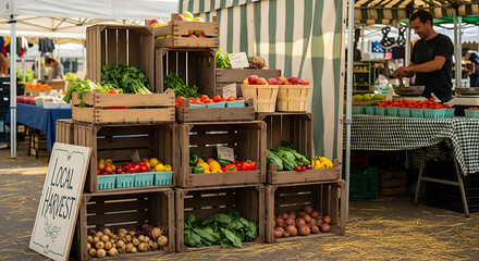 Fresh produce display at an outdoor farmers market with wooden crates and a vendor in the background