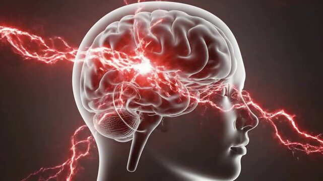 Human brain with red lightning or electrical discharge representing headache or migraine