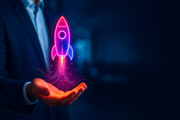 Neon hologram rocket startup icon hovering above businessman hand