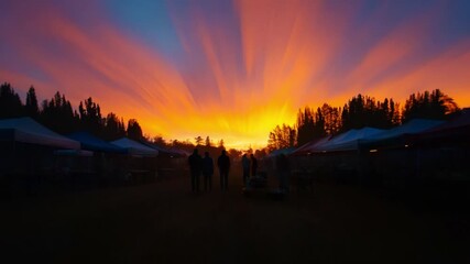 Captivating Sunrise Over a Bustling Market: A Journey Through Vibrant Colors and Enigmatic Silhouettes Amidst Early Morning Mist and Lively Activity