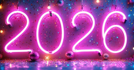 Bright pink neon digits display year 2026. Confetti, ornaments, vibrant lights create festive atmosphere. Celebration, party vibes present.