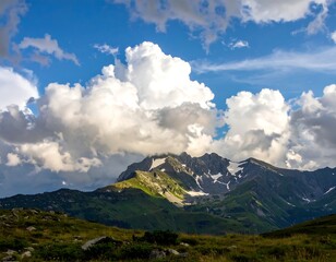 Stunning alpine panorama featuring a majestic mountain peak, lush green valleys, and dramatic clouds