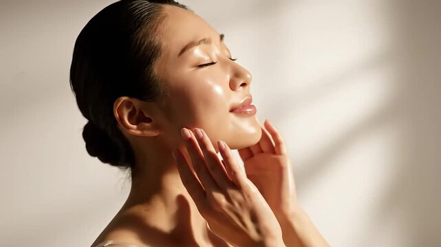 Asian woman touching radiant dewy skin enjoying morning sunlight for skincare advertisement b roll