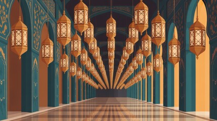 Rows of hanging islamic lanterns inside mosque during ramadan kareem design