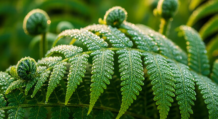 Closeup of vibrant green fern fronds covered in tiny water droplets, with new fiddleheads emerging in soft morning light