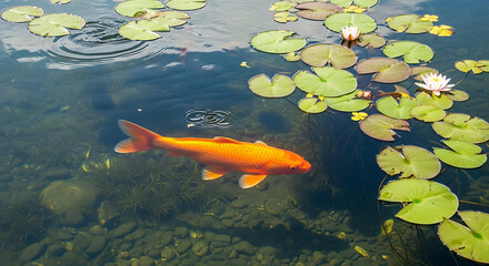 Vibrant orange koi fish swimming in a clear pond among green lily pads and water lilies on a sunny day