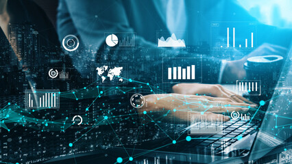 A business professional analyzes data on a laptop in an urban workspace. Digital graphs and charts overlay showcase insights into current financial trends and analytics. Xenic