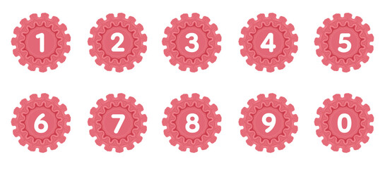 A charming set of numbers 0–9 designed inside soft pastel Sweet pink rosette badges with wavy decorative edges. Perfect for calendars, labels, announcements, children’s projects, digital scrapbooks