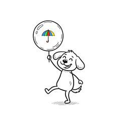 Happy dog holding colorful umbrella balloon while walking  