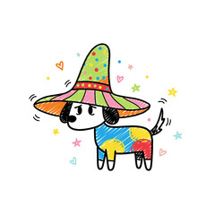 Colorful cartoon dog wearing a large sombrero with vibrant patterns  