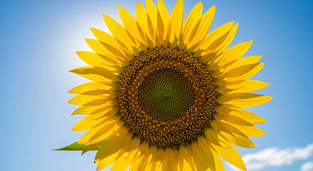 Naklejka premium A large sunflower stands tall against a bright blue sky with a few white clouds