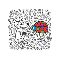 Playful dog interacting with colorful ladybug in doodle background  