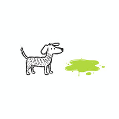 Cartoon dog stripes looking at green paint puddle  