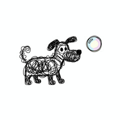 Cartoon dog playing with a bubble in a playful, doodle style  