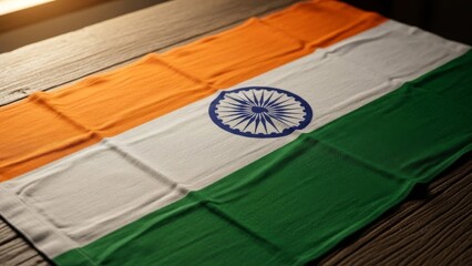 Indian Flag Tricolor Ashoka Chakra Symbol of Unity and Pride on Wooden Background