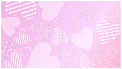 ピンクの光沢グラデーションに半透明ハートを散りばめた可愛い背景素材｜ドット柄・ストライプ柄入り