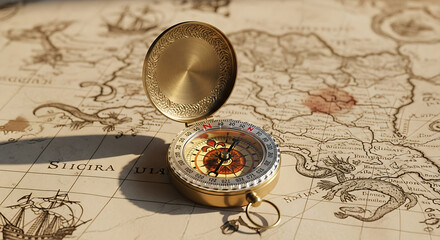 A vintage compass lies open on an antique map, ready for navigation and exploration.