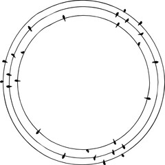 Vector trail print of bird isolated on white background. Circle silhouette. Starling birds flock on wires template