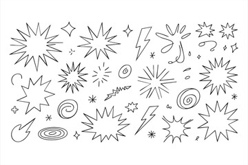 Energetic explosion and spark icons in sketch style for bold design accents