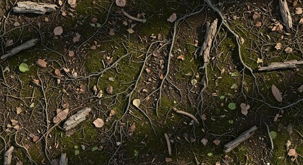 Detailed Ground Texture with Roots, Leaves, and Moss in Natural Light.