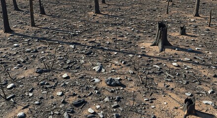 Devastated landscape after a forest fire with charred trees and barren ground.