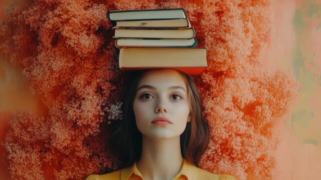Video A person with multiple books stacked on their head, possibly for a creative or intellectual purpose