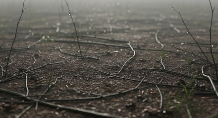 Eerie Ground Level View of Twigs and Branches on a Misty Day.