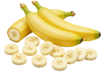 Vibrant yellow bananas and uniform pale yellow slices artfully scattered on a pristine, seamless, bright white background, photorealistic high-key studio healthy food concept