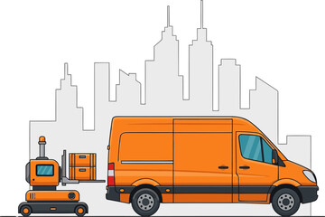 An orange delivery van and miniature excavator prepare for the final step of a construction project against a city skyline. Modern, graphic illustration. Perfect for business and logistics themes. © Vector Factory