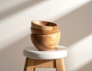Stacked, wooden, hemispherical bowls casting shadows on a stool against a white background