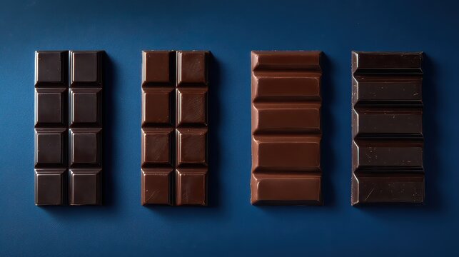 Four Dark And Milk Chocolate Bars Arranged In A Row On A Deep Blue Surface