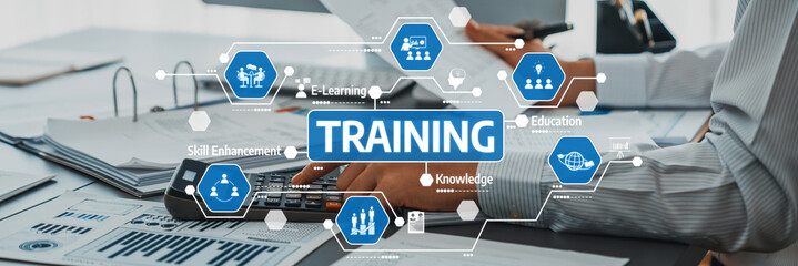 A dynamic training session showcasing a modern office environment focused on skill enhancement, e-learning, and continuous knowledge growth through collaborative efforts. Amity