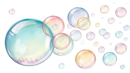 Colorful translucent soap bubbles of various sizes floating on a white background with a soft gradient appearance