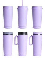 Set of six lavender-colored travel mugs, varying lids, handles and straw