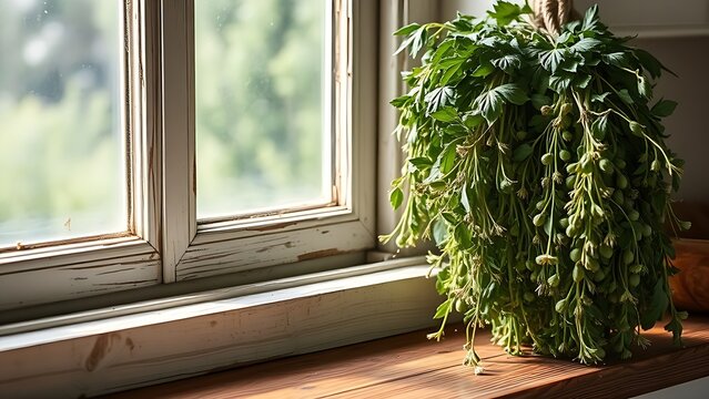 lovage. Rustic kitchen windowsill with bundles of drying lovage herbs on a wooden surface in soft afternoon light. menu design.