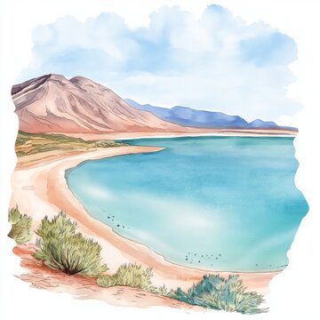 Lake Assal. Lake Assal hand drawn watercolor illustration on white background
