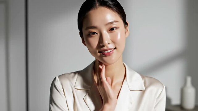Asian woman model showing radiant glowing healthy skin for beauty skincare advertisement