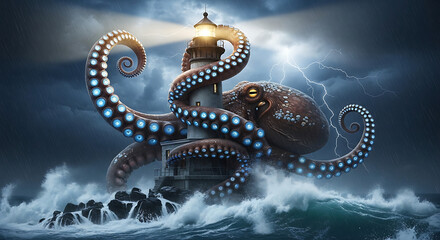 A majestic octopus with bioluminescent blue glowing suckers wraps its powerful tentacles around a historic lighthouse, standing firm against a dramatic stormy sky with striking lightning, showcasing a