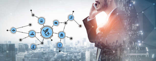 A businessman interacts with a smartphone while digital connectivity icons and a city skyline symbolize modern technology, communication, and innovation trends. Tessel