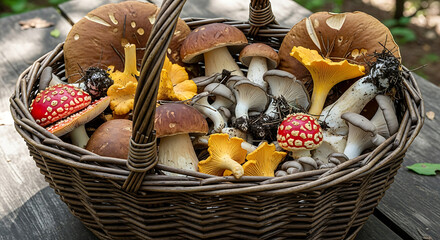 A rustic wicker basket overflows with a diverse collection of freshly harvested wild mushrooms, including boletes, chanterelles, and red fly agarics, gathered from the forest floor.