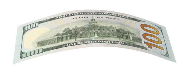 Curved hundred dollar banknote, isolated on transparent cutout background