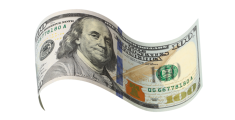 Curved hundred dollar banknote, isolated on transparent cutout background