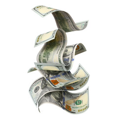 Flying hundred dollar bills, isolated on transparent cutout background