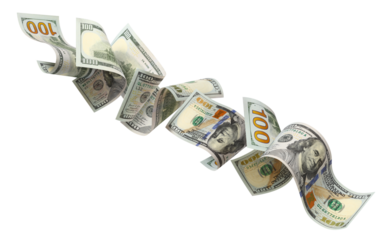 Flying hundred dollar bills, isolated on transparent cutout background