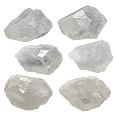 Fototapeta premium Six raw, translucent white rock salt or alum crystals with rough, fractured textures on a transparent background with copy space, high-key studio macro shot. Scientific purity concept