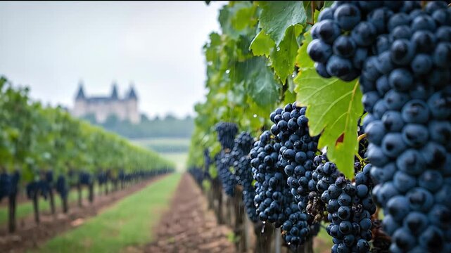 Close-up of ripe black grapes hanging from lush green vines in vineyard, camera slowly zooming out to reveal expansive landscape and distant estate