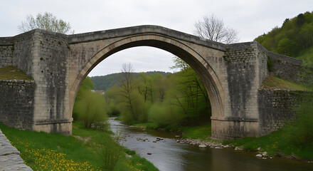 Fototapeta premium An ancient stone arch bridge, built with rugged blocks, gracefully spans a meandering river in a lush green valley, surrounded by verdant trees and gentle slopes under a soft, overcast sky, evoking hi