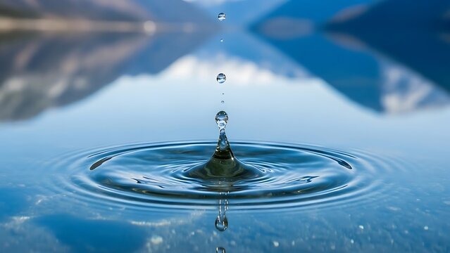 Stunning macro capture of crystal clear water drops creating perfect ripples against a serene mountain lake reflection